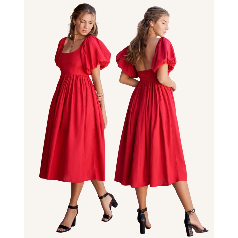 ELF Handmade in Bali Cherie Puff Sleeve Linen Dress XL Red Smocked Midi